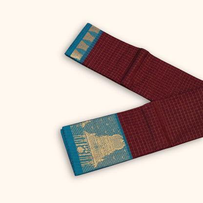 Maroon Temple Border Chettinad Cotton Saree with Sage Pallu