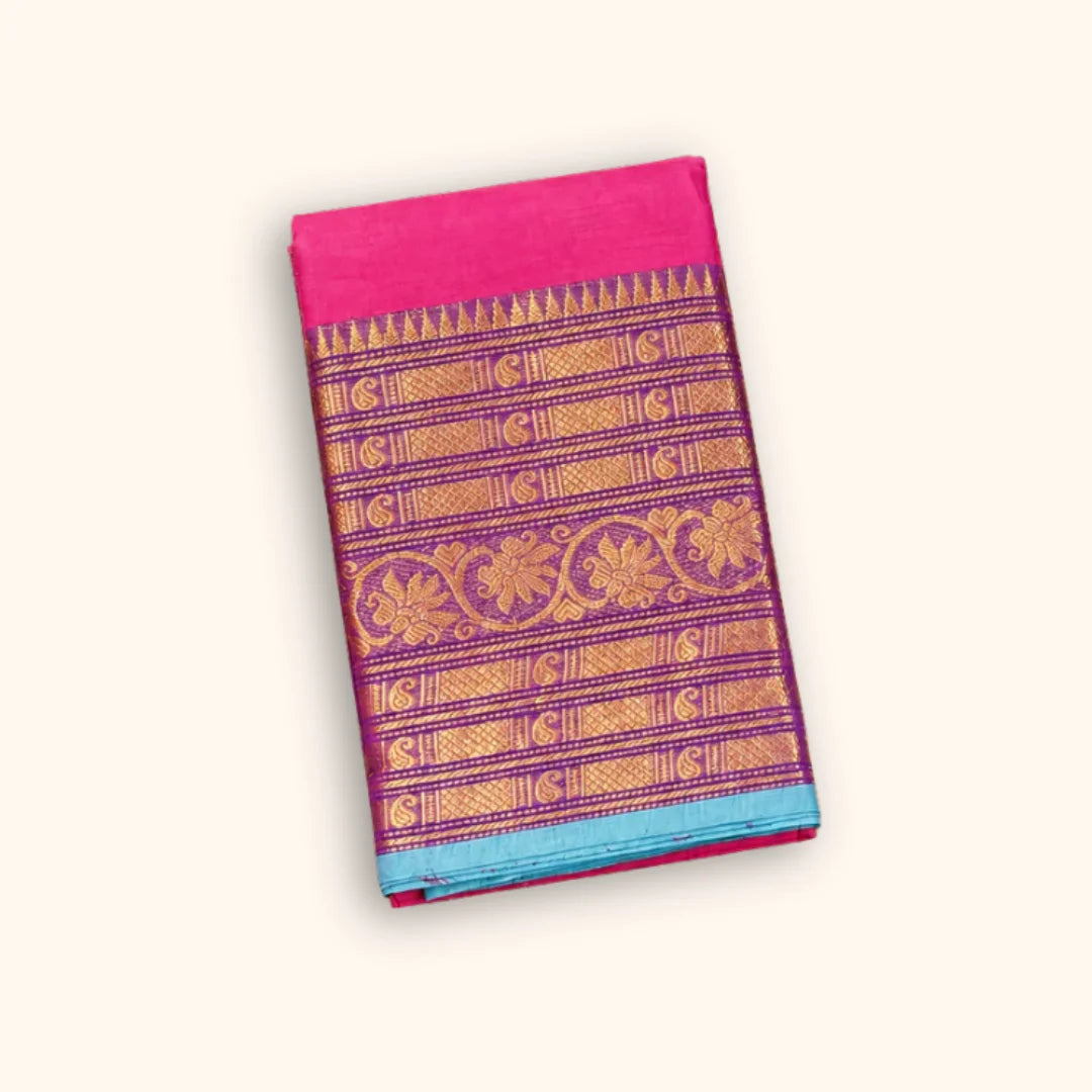 Rani Pink Chettinad Cotton Saree with Purple Zari Border