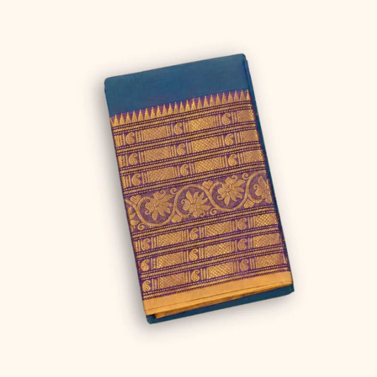 Steel Blue Chettinad Cotton Saree with Royal Purple Zari Border