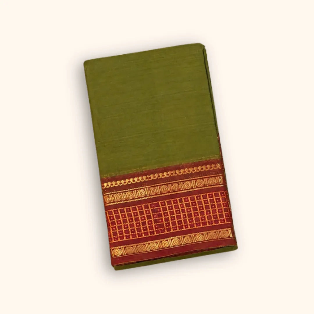 Olive Green Chettinad Cotton Saree with Maroon Traditional Border