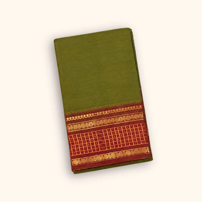 Olive Green Chettinad Cotton Saree with Maroon Traditional Border