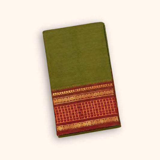 Olive Green Chettinad Cotton Saree with Maroon Traditional Border