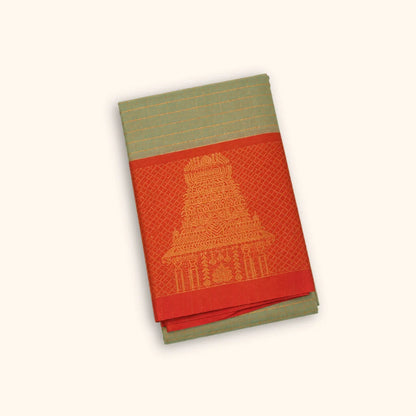 Chettinad Cotton Saree with Meenakshi Gopuram Border – Green Checks with Red Temple Border