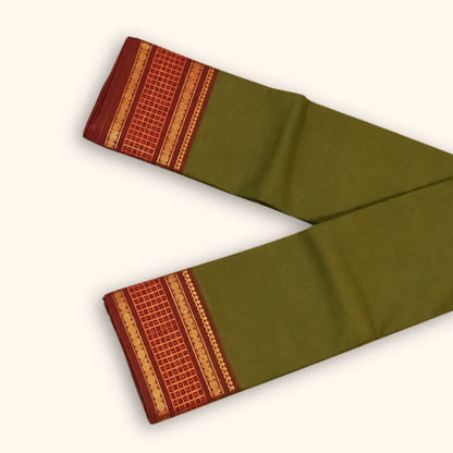 Olive Green Chettinad Cotton Saree with Maroon Traditional Border