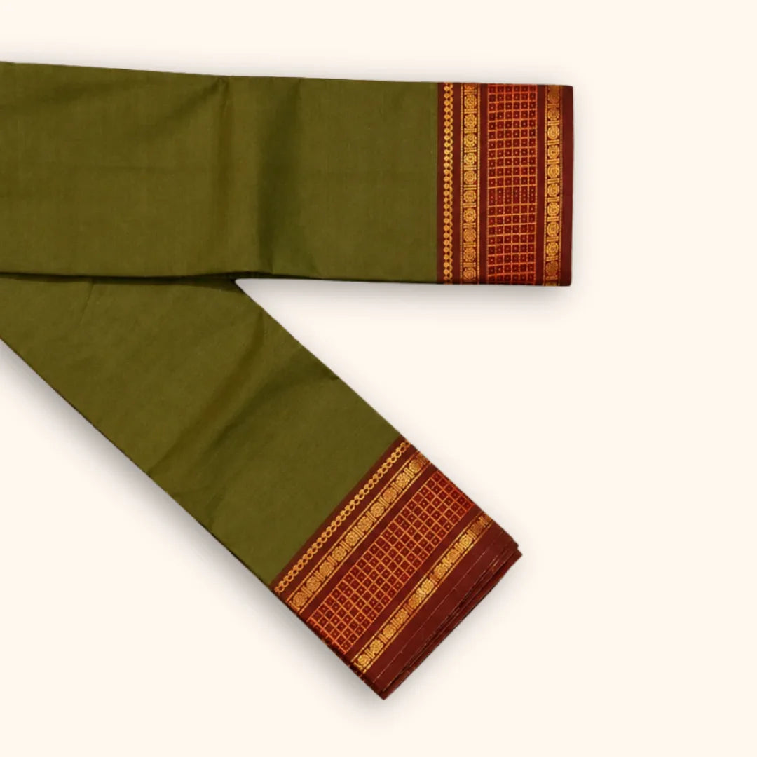 Olive Green Chettinad Cotton Saree with Maroon Traditional Border