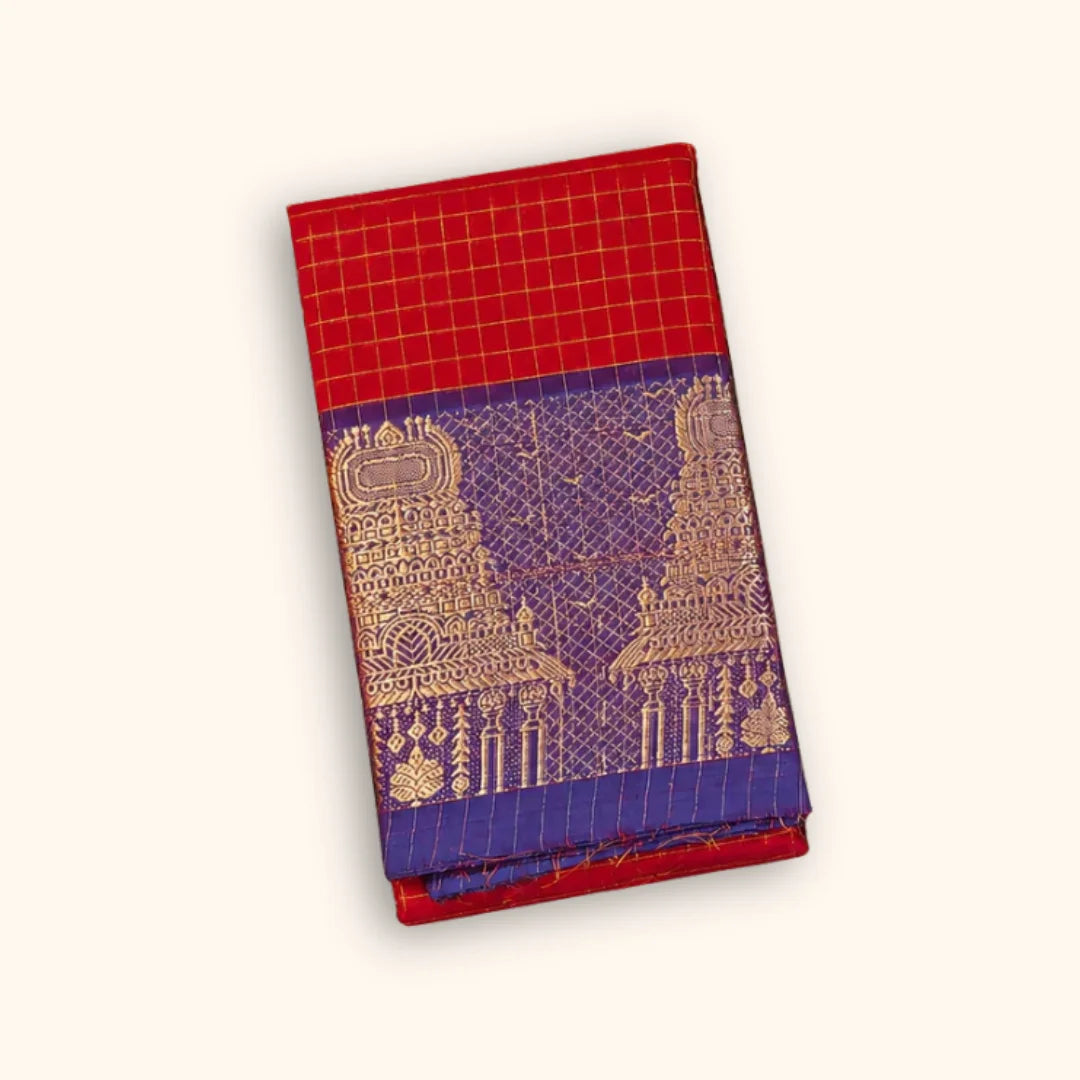 Red Temple Border Cotton Saree with Royal Blue Pallu