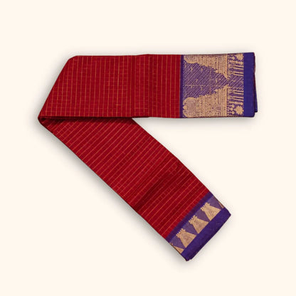 Red Temple Border Cotton Saree with Royal Blue Pallu