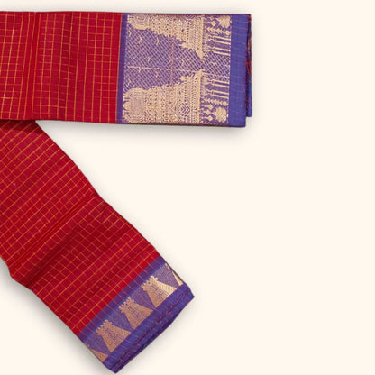 Red Temple Border Cotton Saree with Royal Blue Pallu