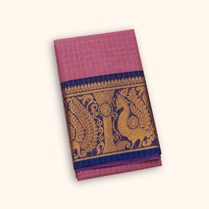 Dusty Rose Chettinad Cotton Saree with Gold Zari Checks & Navy Blue Peacock Border