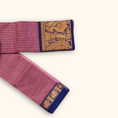 Dusty Rose Chettinad Cotton Saree with Gold Zari Checks & Navy Blue Peacock Border