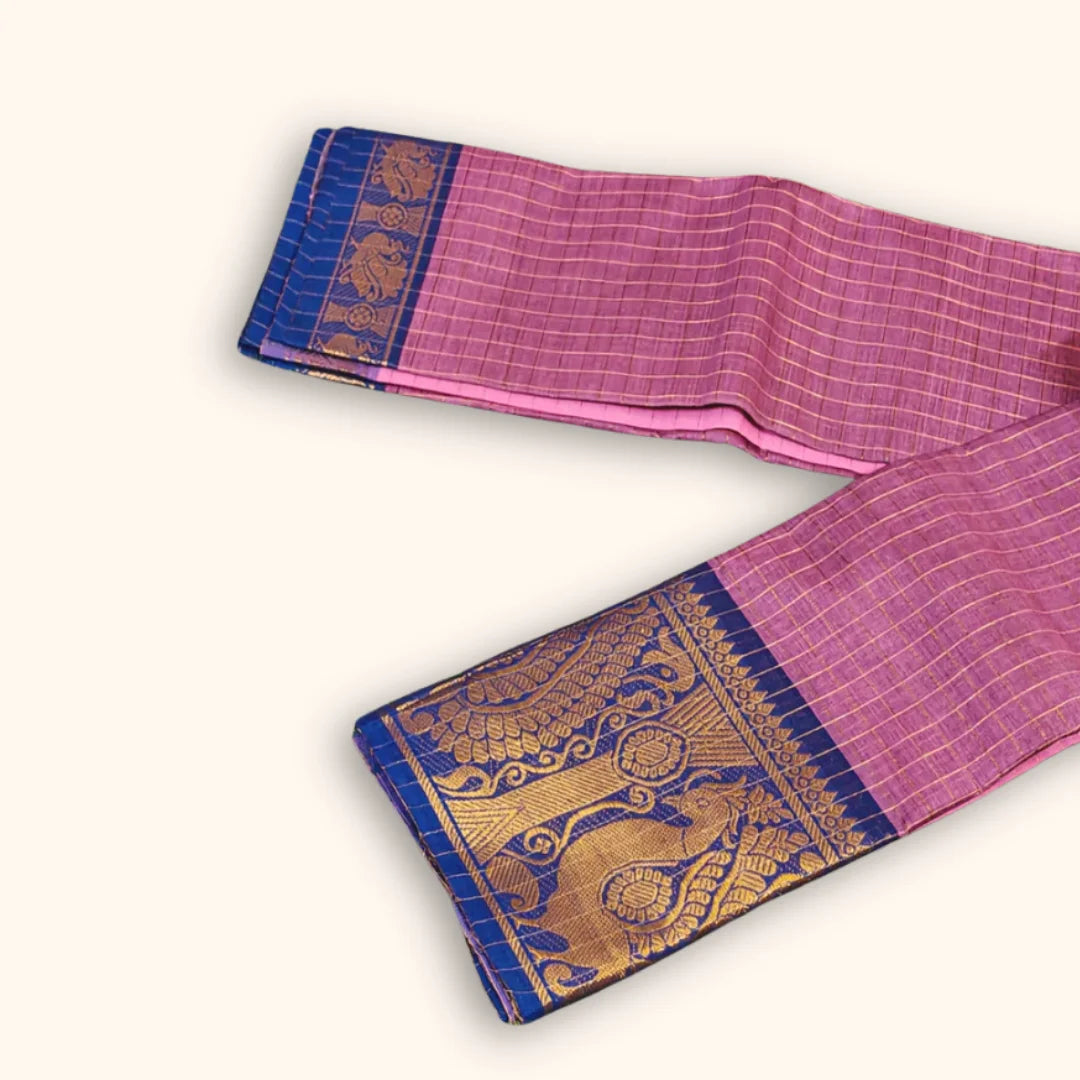 Dusty Rose Chettinad Cotton Saree with Gold Zari Checks & Navy Blue Peacock Border