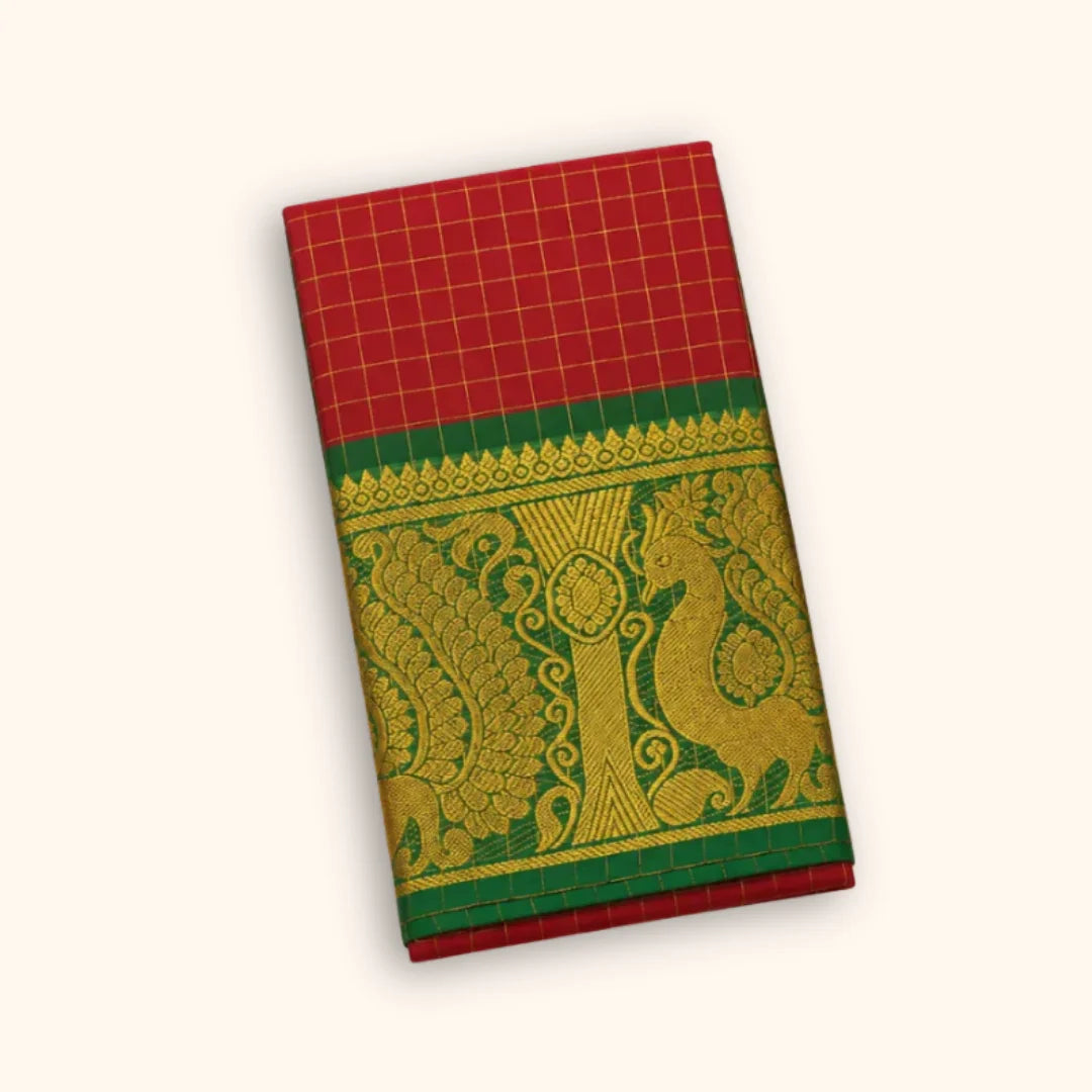 Chettinad Red Cotton Saree with Gold Zari Checks & Green Peacock Border