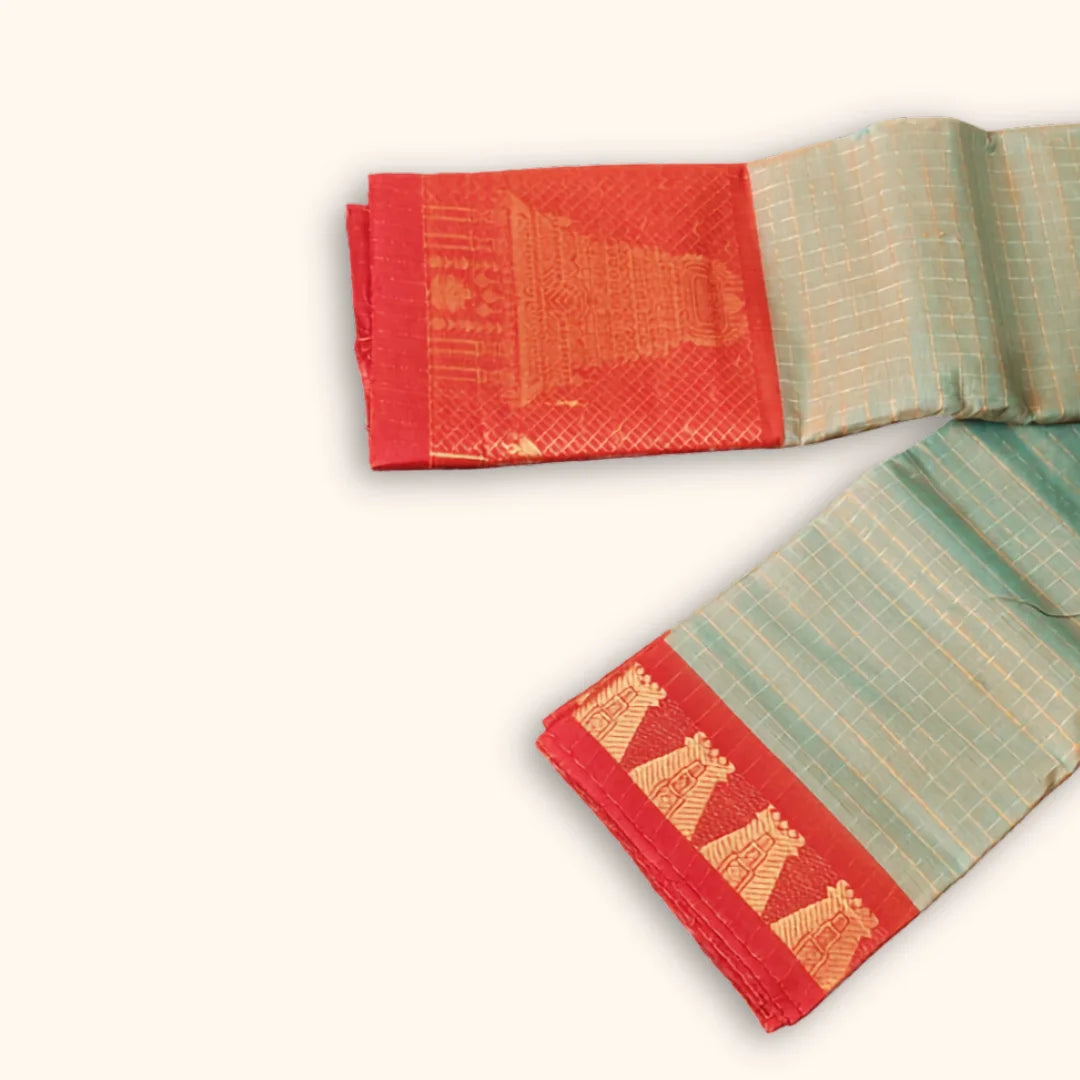 Chettinad Cotton Saree with Meenakshi Gopuram Border – Green Checks with Red Temple Border