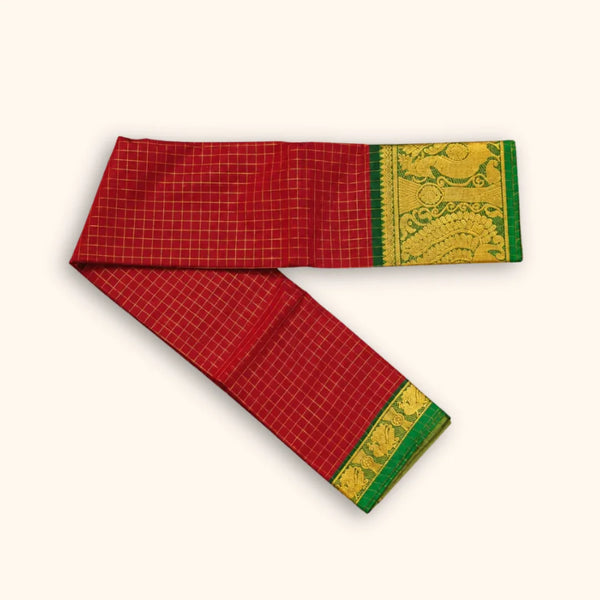 Chettinad Red Cotton Saree with Gold Zari Checks & Green Peacock Border