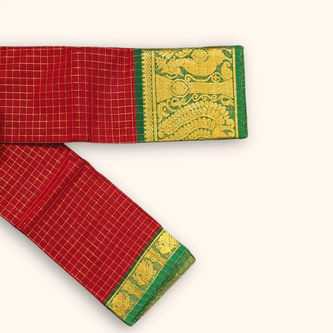 Chettinad Red Cotton Saree with Gold Zari Checks & Green Peacock Border