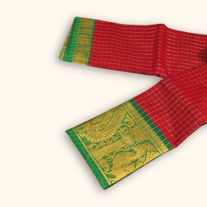 Chettinad Red Cotton Saree with Gold Zari Checks & Green Peacock Border