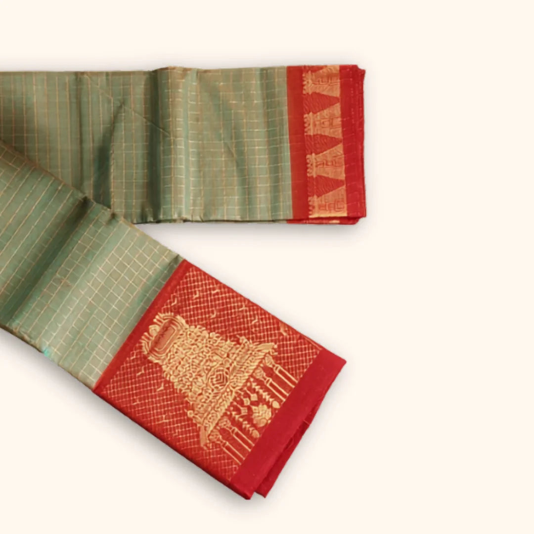 Chettinad Cotton Saree with Meenakshi Gopuram Border – Green Checks with Red Temple Border