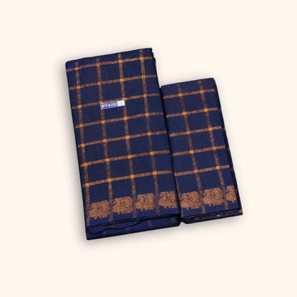 Royal Blue Pavithra Kattam Cotton Saree with Gold Elephant Border