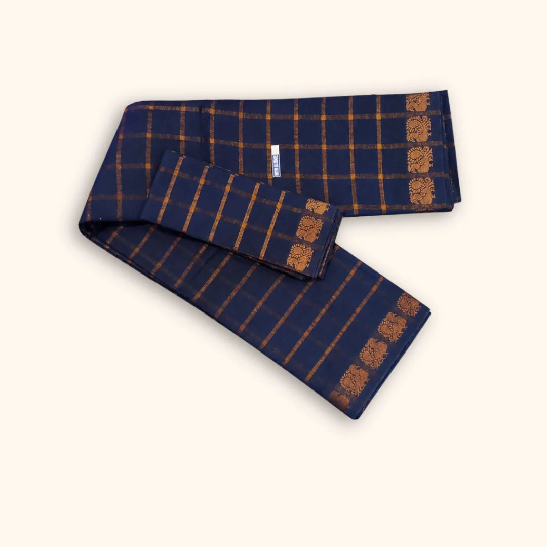 Royal Blue Pavithra Kattam Cotton Saree with Gold Elephant Border