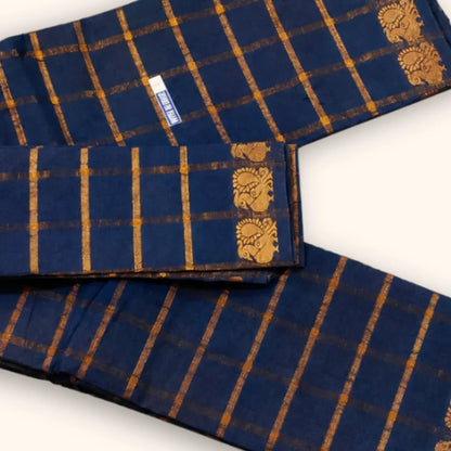 Royal Blue Pavithra Kattam Cotton Saree with Gold Elephant Border