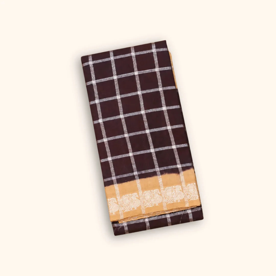 Dark Chocolate Brown Pavithra Kattam Cotton Saree with Silver Checks & Beige Elephant Border