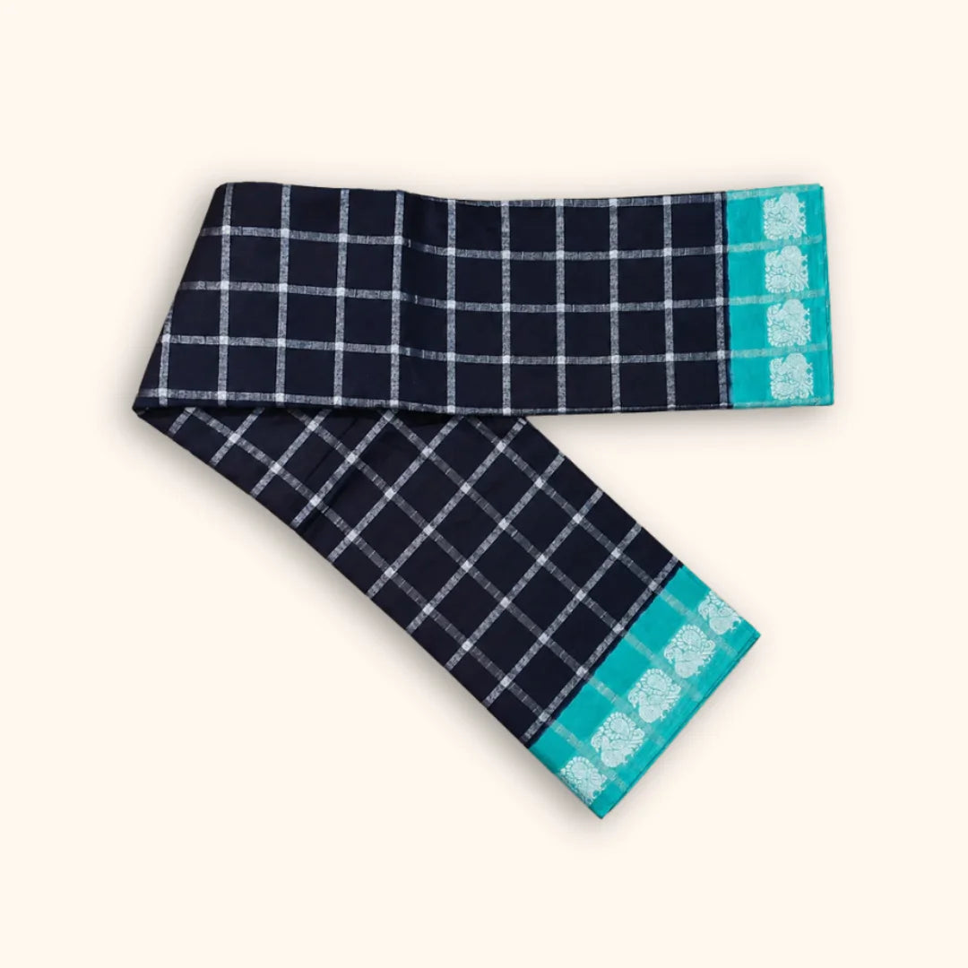 Dark Ink Blue Pavithra Kattam Cotton Saree with Silver Checks & Aqua Blue Elephant Border