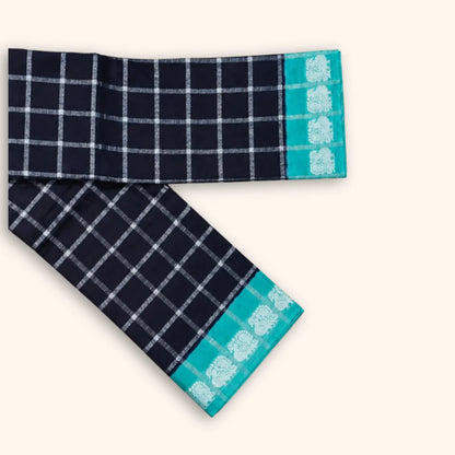 Dark Ink Blue Pavithra Kattam Cotton Saree with Silver Checks & Aqua Blue Elephant Border