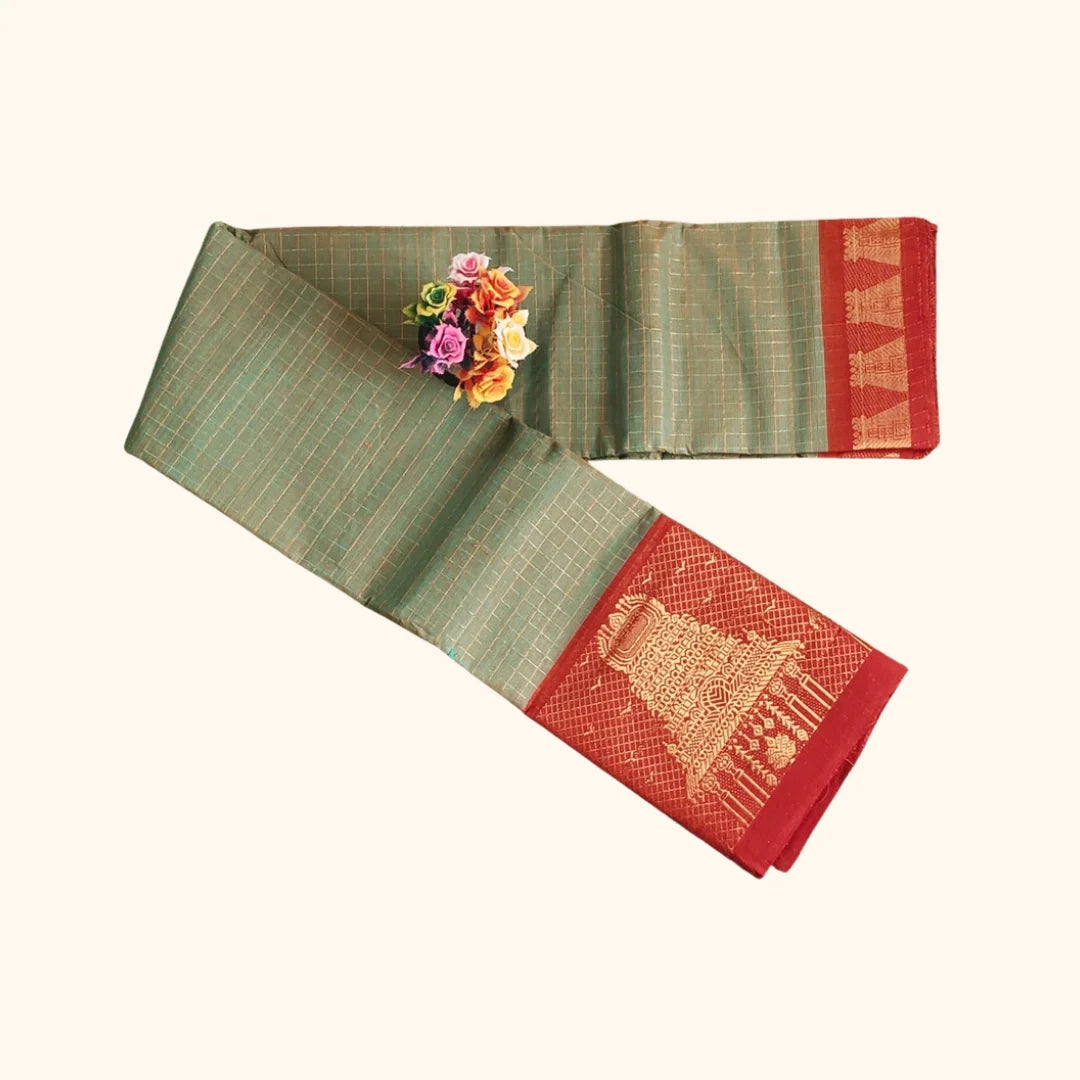 Chettinad Cotton Saree with Meenakshi Gopuram Border – Green Checks with Red Temple Border