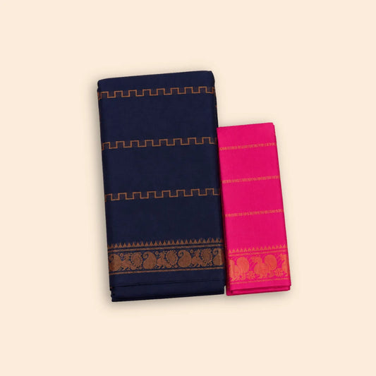 Attractive Navy Blue Cotton Saree with Contrast Pink Designer Blouse