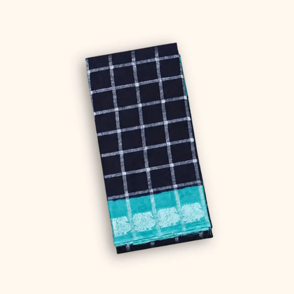 Dark Ink Blue Pavithra Kattam Cotton Saree with Silver Checks & Aqua Blue Elephant Border