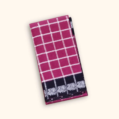 Rani Pink Pavithra Kattam Cotton Saree with Silver Checks & Black Elephant Border