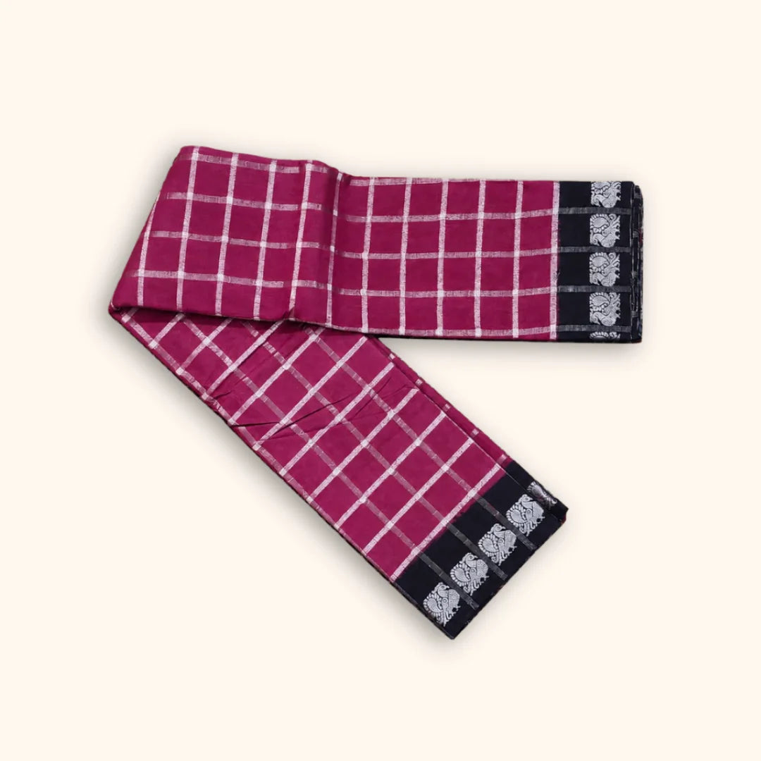 Rani Pink Pavithra Kattam Cotton Saree with Silver Checks & Black Elephant Border