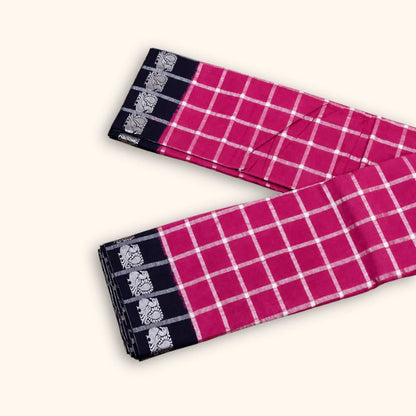 Rani Pink Pavithra Kattam Cotton Saree with Silver Checks & Black Elephant Border
