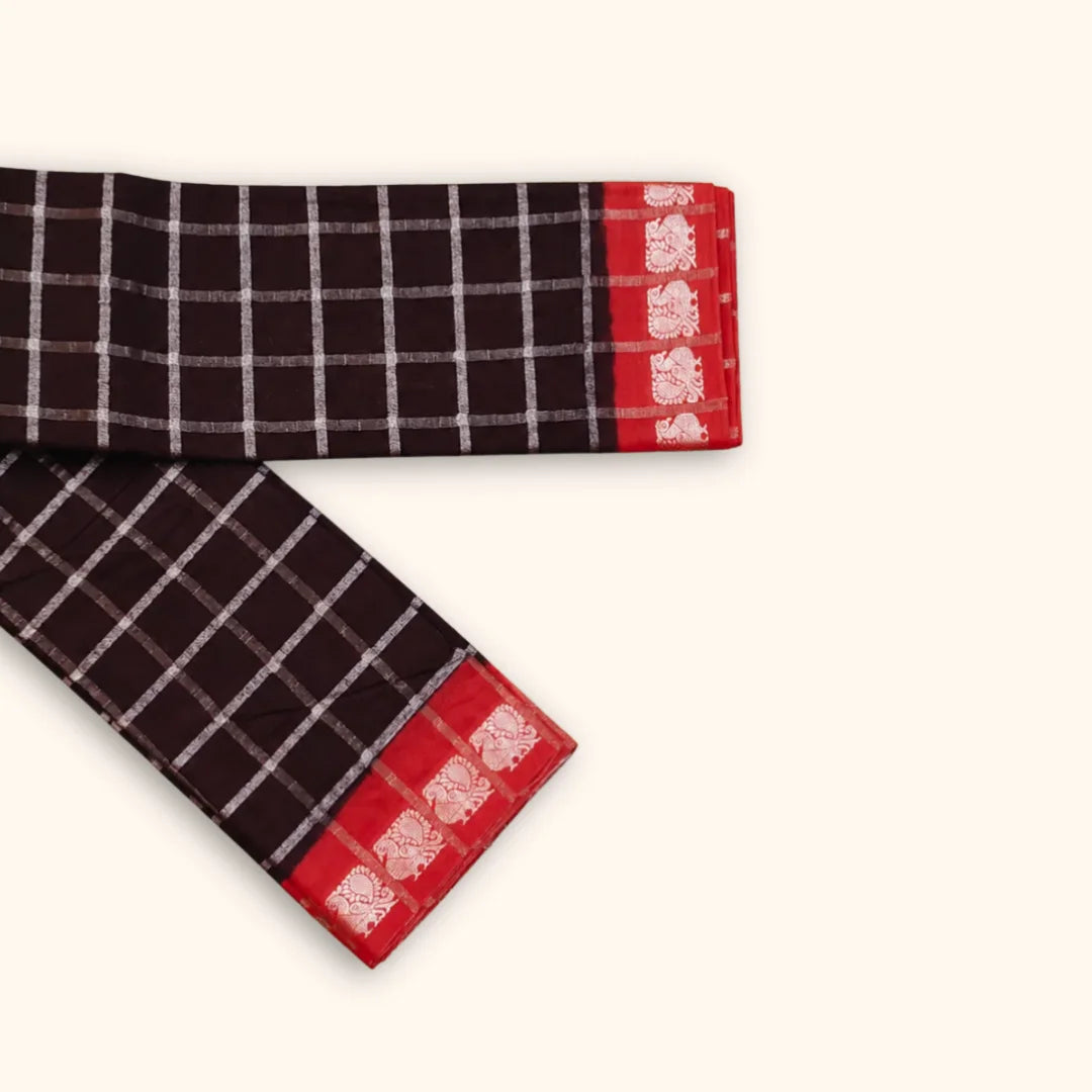 Dark Chocolate Brown Pavithra Kattam Cotton Saree with Silver Checks & Coral Pink Elephant Border