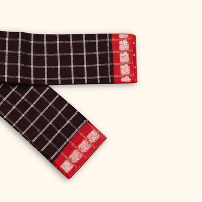 Dark Chocolate Brown Pavithra Kattam Cotton Saree with Silver Checks & Coral Pink Elephant Border