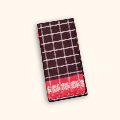 Dark Chocolate Brown Pavithra Kattam Cotton Saree with Silver Checks & Coral Pink Elephant Border