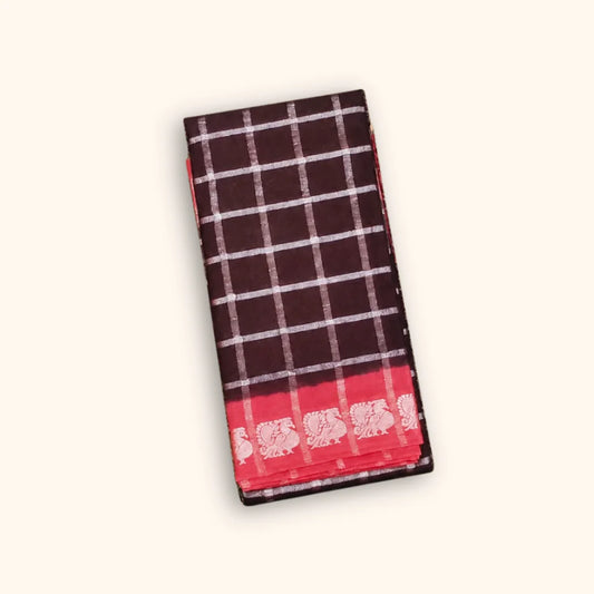 Dark Chocolate Brown Pavithra Kattam Cotton Saree with Silver Checks & Coral Pink Elephant Border