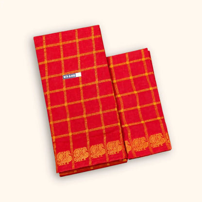 Bright Red Pavithra Kattam Cotton Saree with Gold Elephant Border