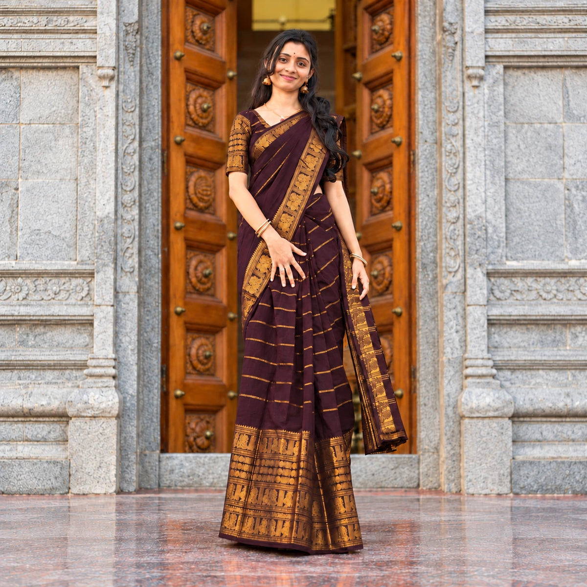 Coffee Brown Cotton Saree with Gold Traditional Border – Running Blouse