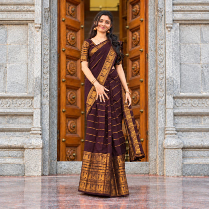 Coffee Brown Cotton Saree with Gold Traditional Border – Running Blouse