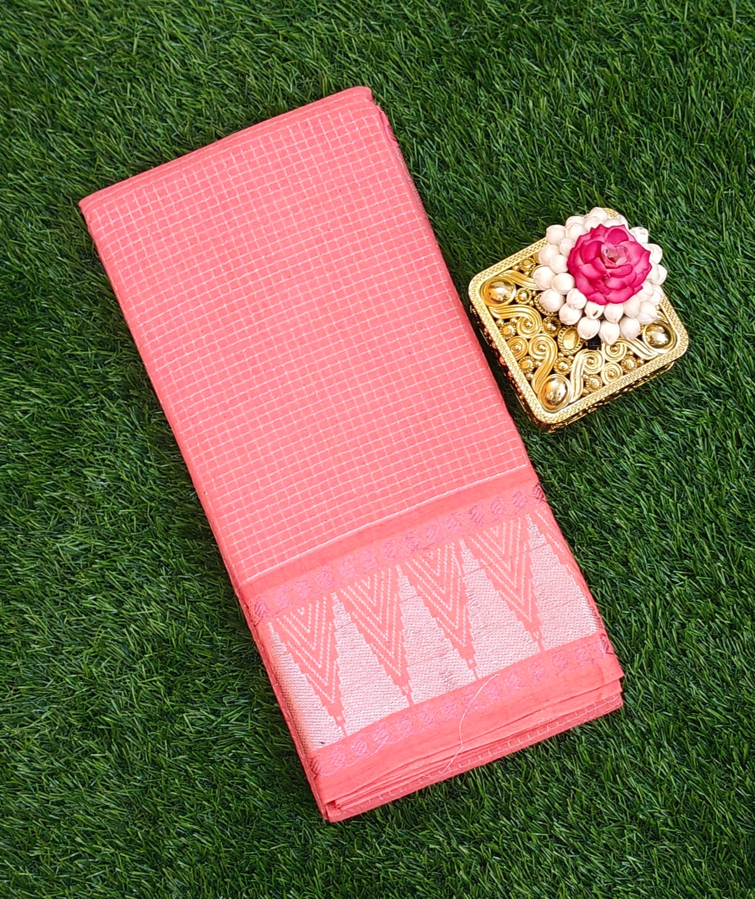 🌸 Peach Cotton Saree with Silver Zari Border & Motif Design