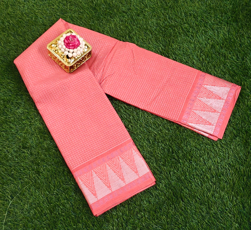 🌸 Peach Cotton Saree with Silver Zari Border & Motif Design