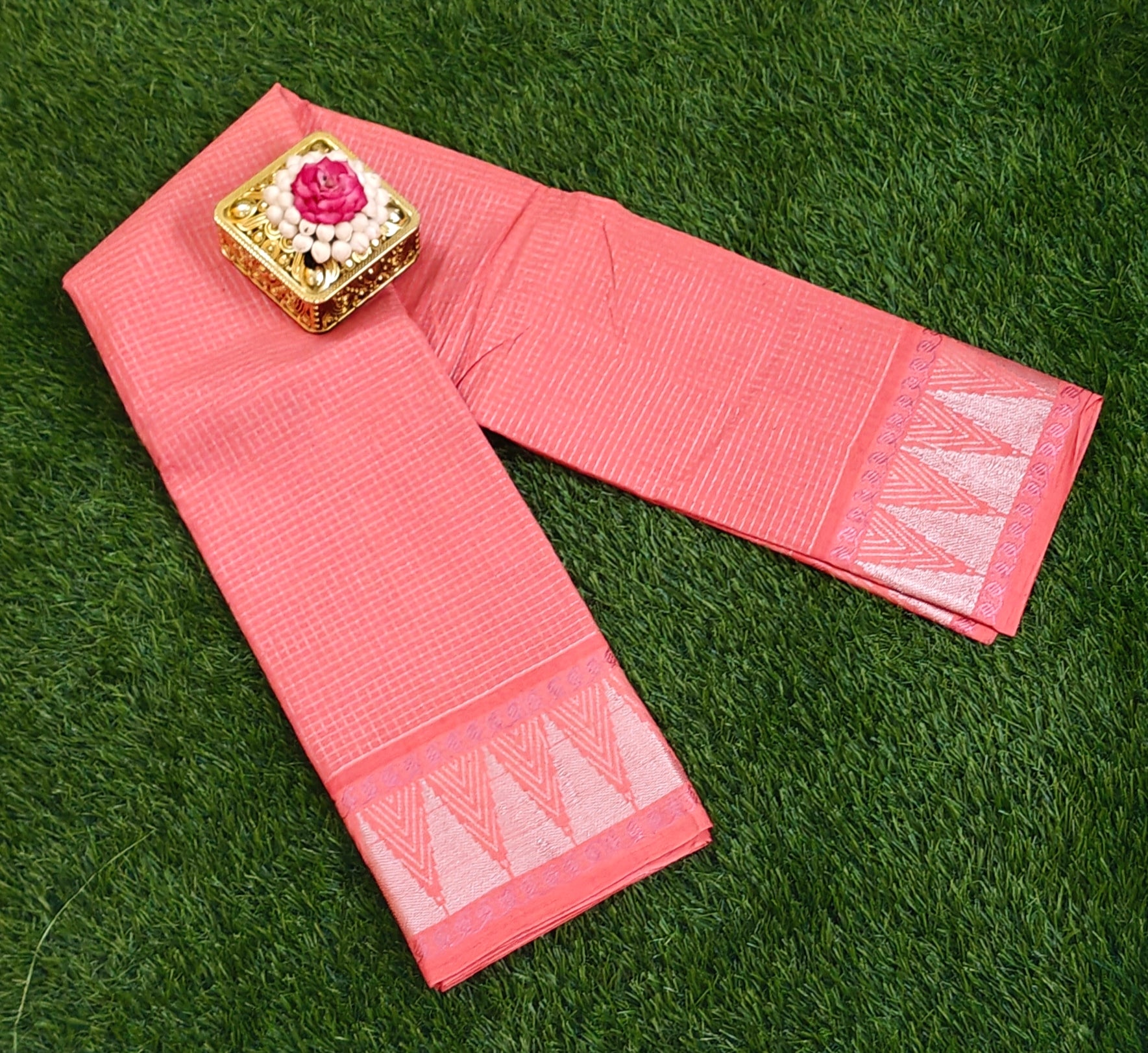 🌸 Peach Cotton Saree with Silver Zari Border & Motif Design