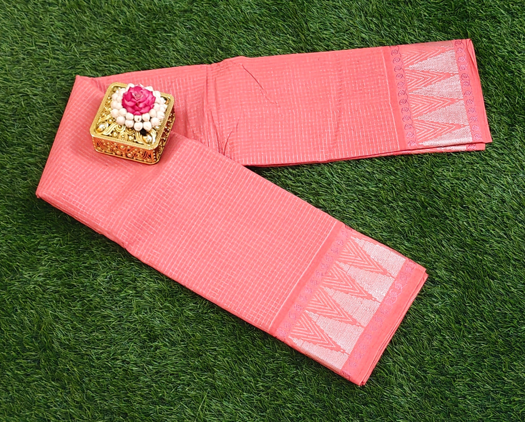 🌸 Peach Cotton Saree with Silver Zari Border & Motif Design