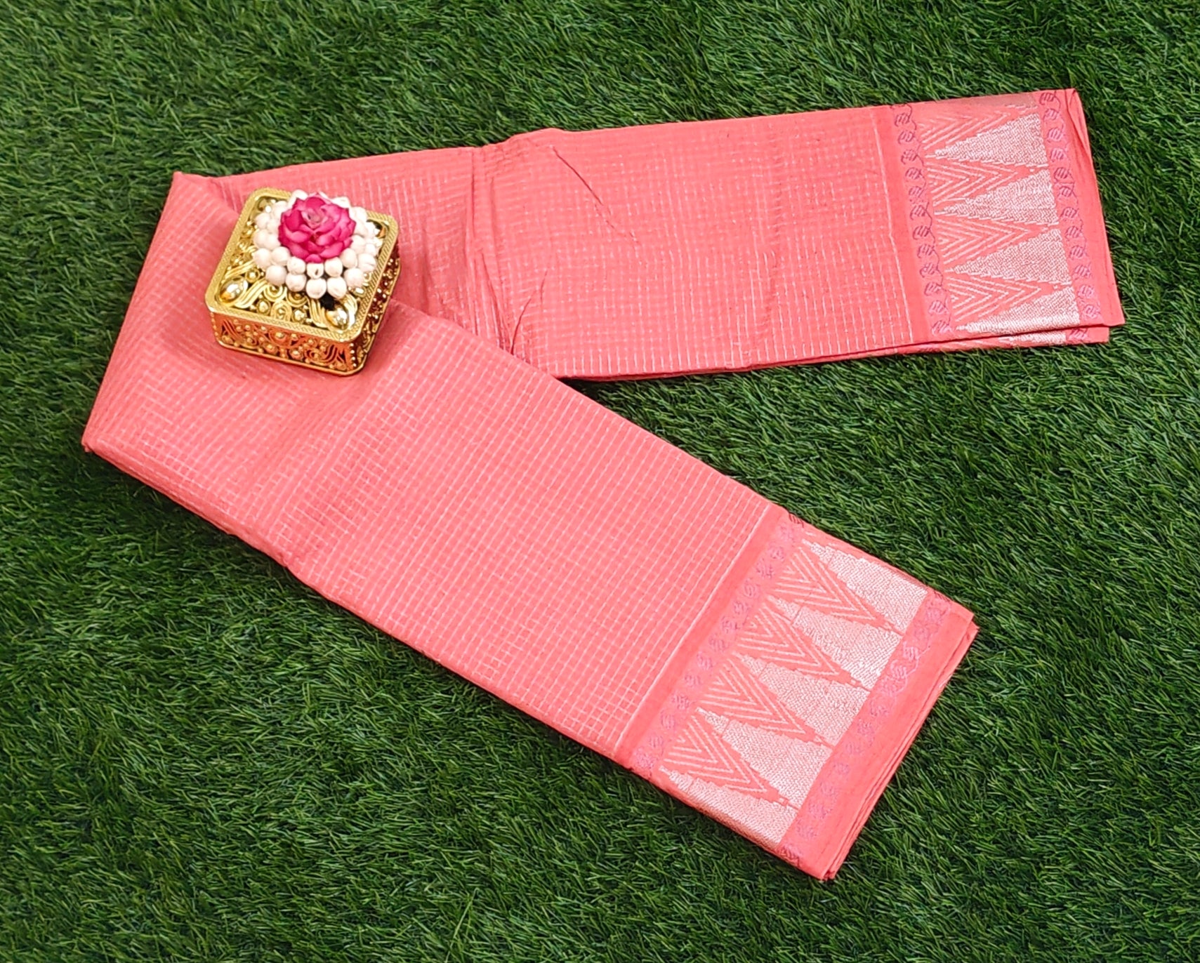 🌸 Peach Cotton Saree with Silver Zari Border & Motif Design