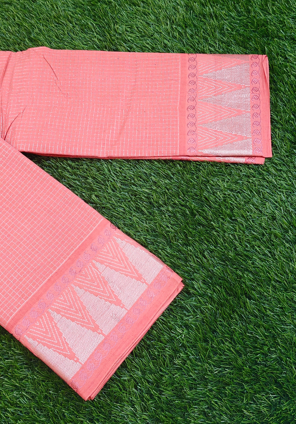 🌸 Peach Cotton Saree with Silver Zari Border & Motif Design