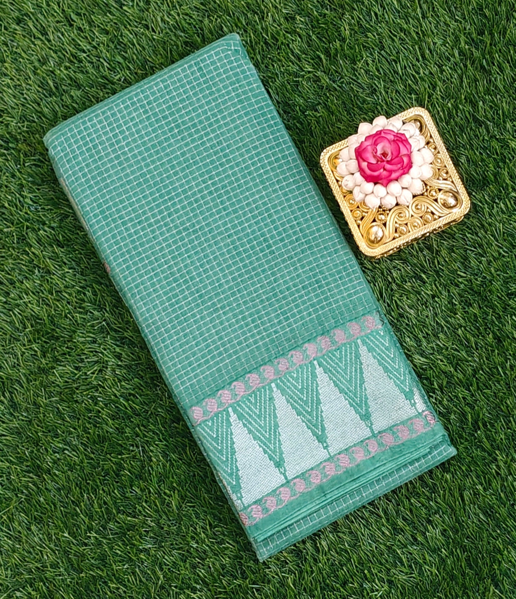 💚 Sea Green Cotton Saree with Silver Zari Border & Motif Design