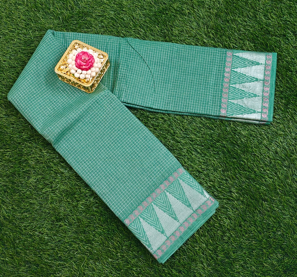 💚 Sea Green Cotton Saree with Silver Zari Border & Motif Design