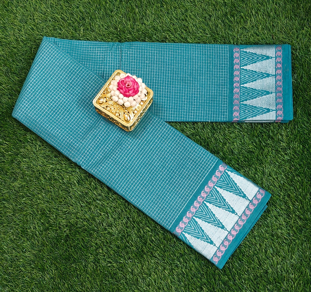 💚✨ Teal Green Checked Saree with Pastel Silver Zari Border ✨💚