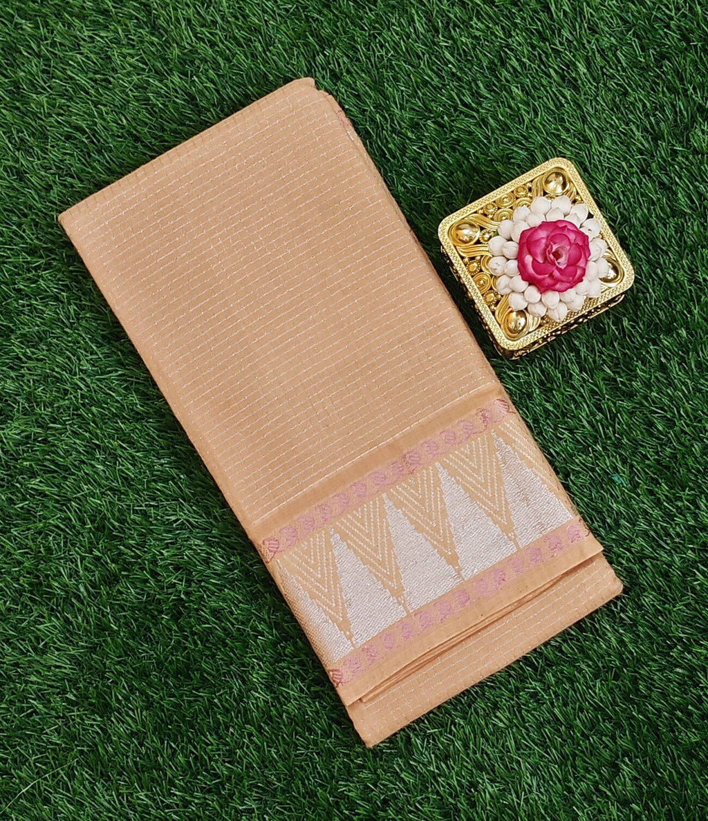 🤎 Beige Cotton Saree with Silver Zari Border & Motif Design
